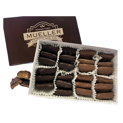 A 24-piece box of mixed milk and dark chocolate-covered English toffee