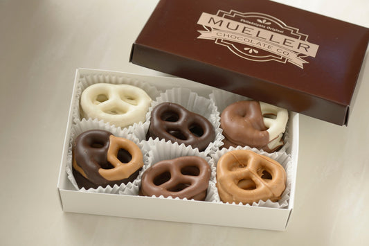Assorted Chocolate Covered Pretzels - Variety of flavors in a one-pound gift box. Perfect for gifting