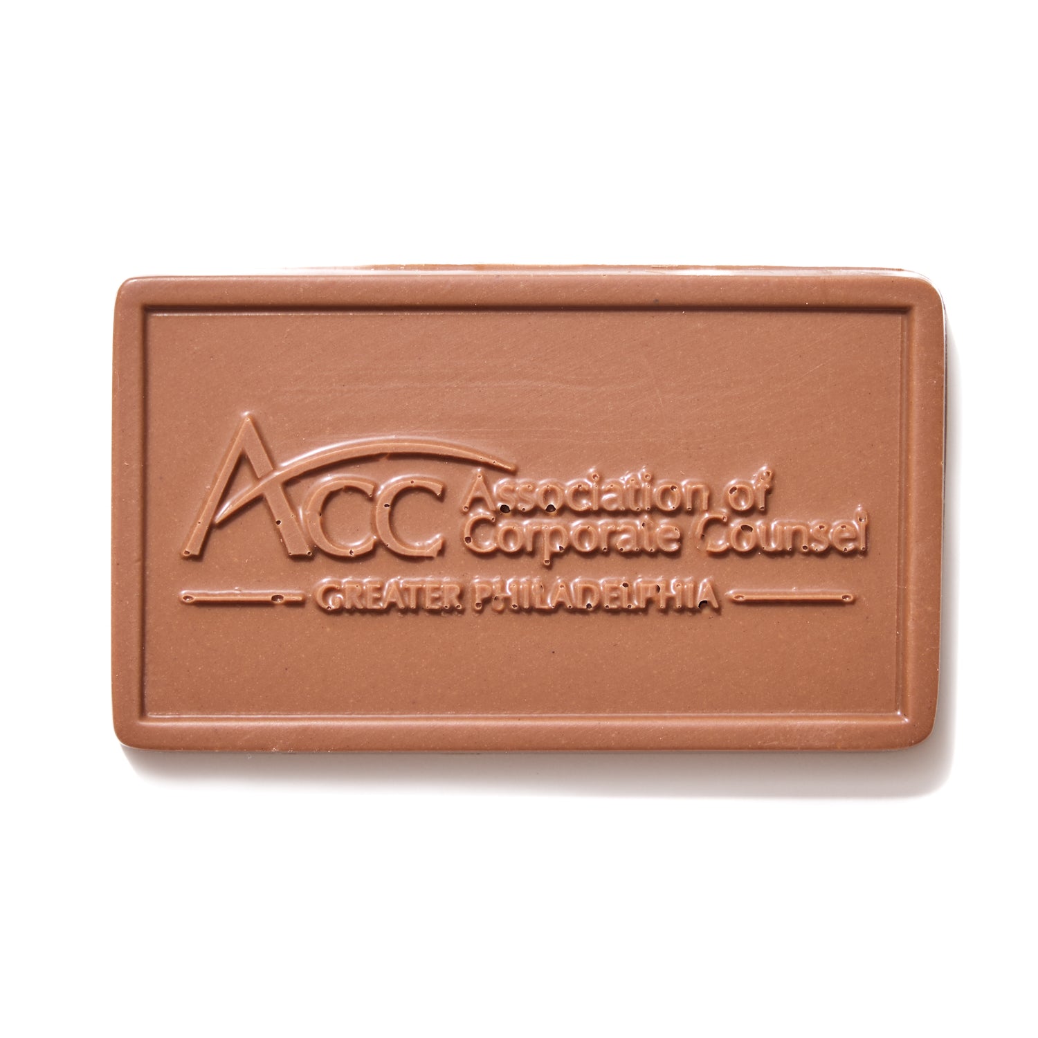 Association of Corporate Counsel Philadelphia custom milk chocolate bar with embossed ACC logo.