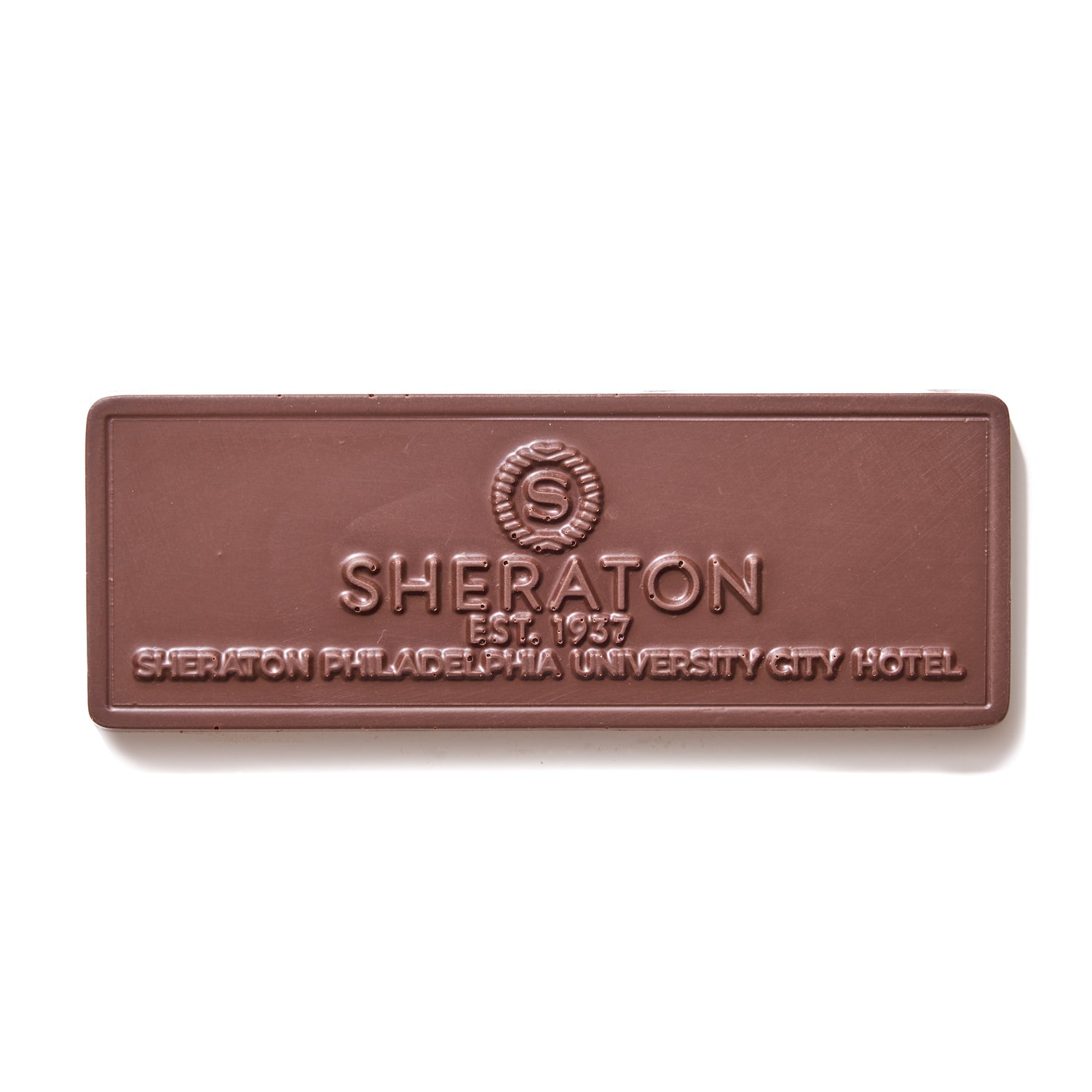 Sheraton Philadelphia University City Hotel custom dark chocolate bar with embossed logo design.