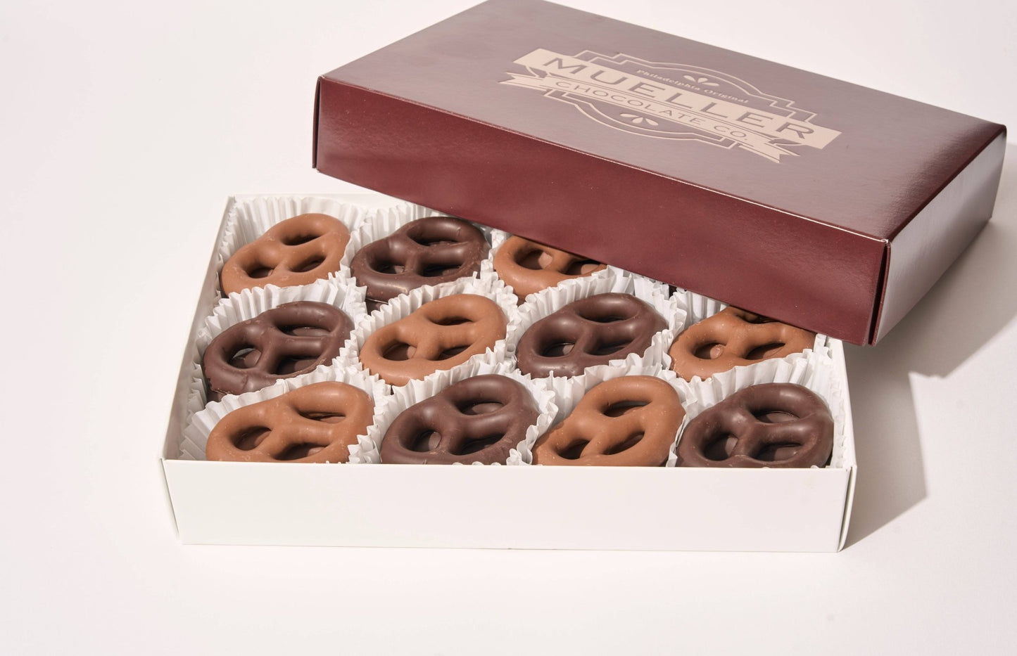 Chocolate covered pretzel party box with milk and dark chocolate