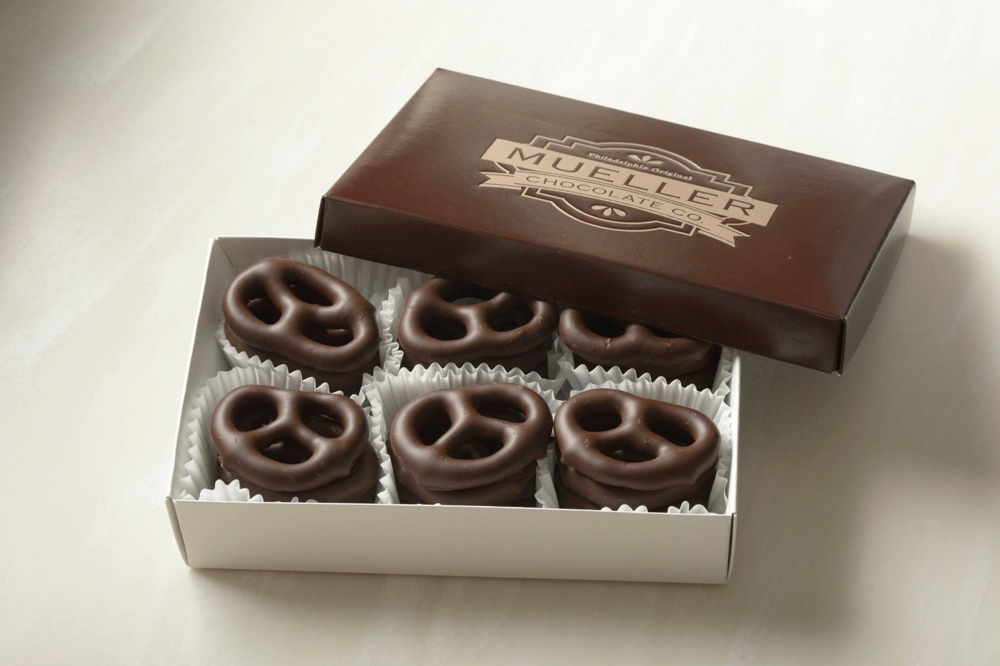 Dark Chocolate Covered Pretzels with rich dark chocolate in a gift box