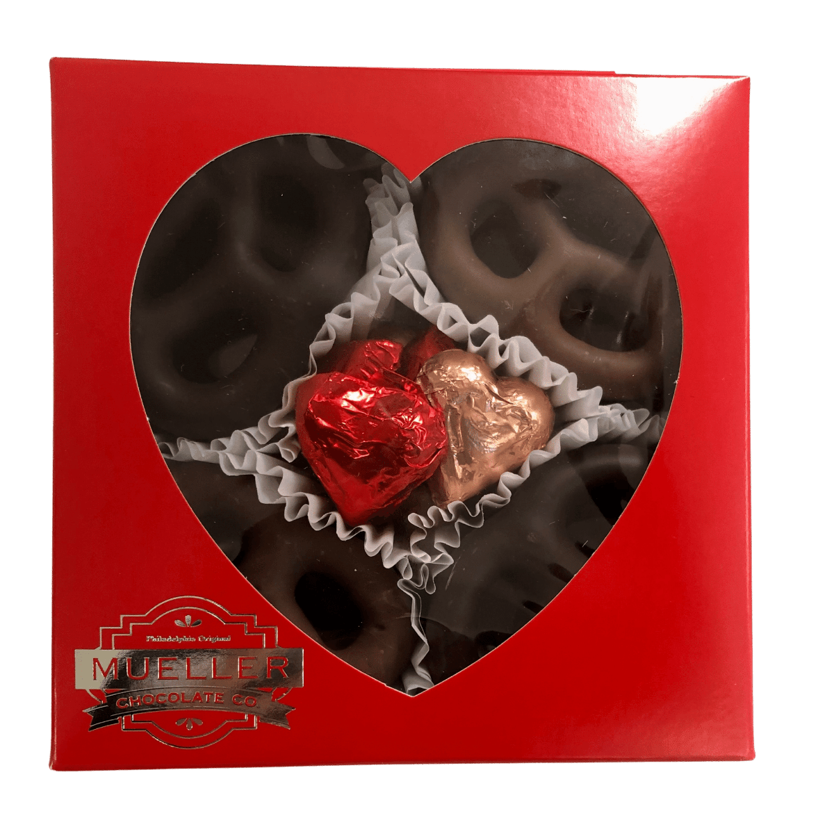 Milk & Dark Chocolate Pretzel Heart Window Box - Handmade Gift Box | Mueller Chocolate Co.
