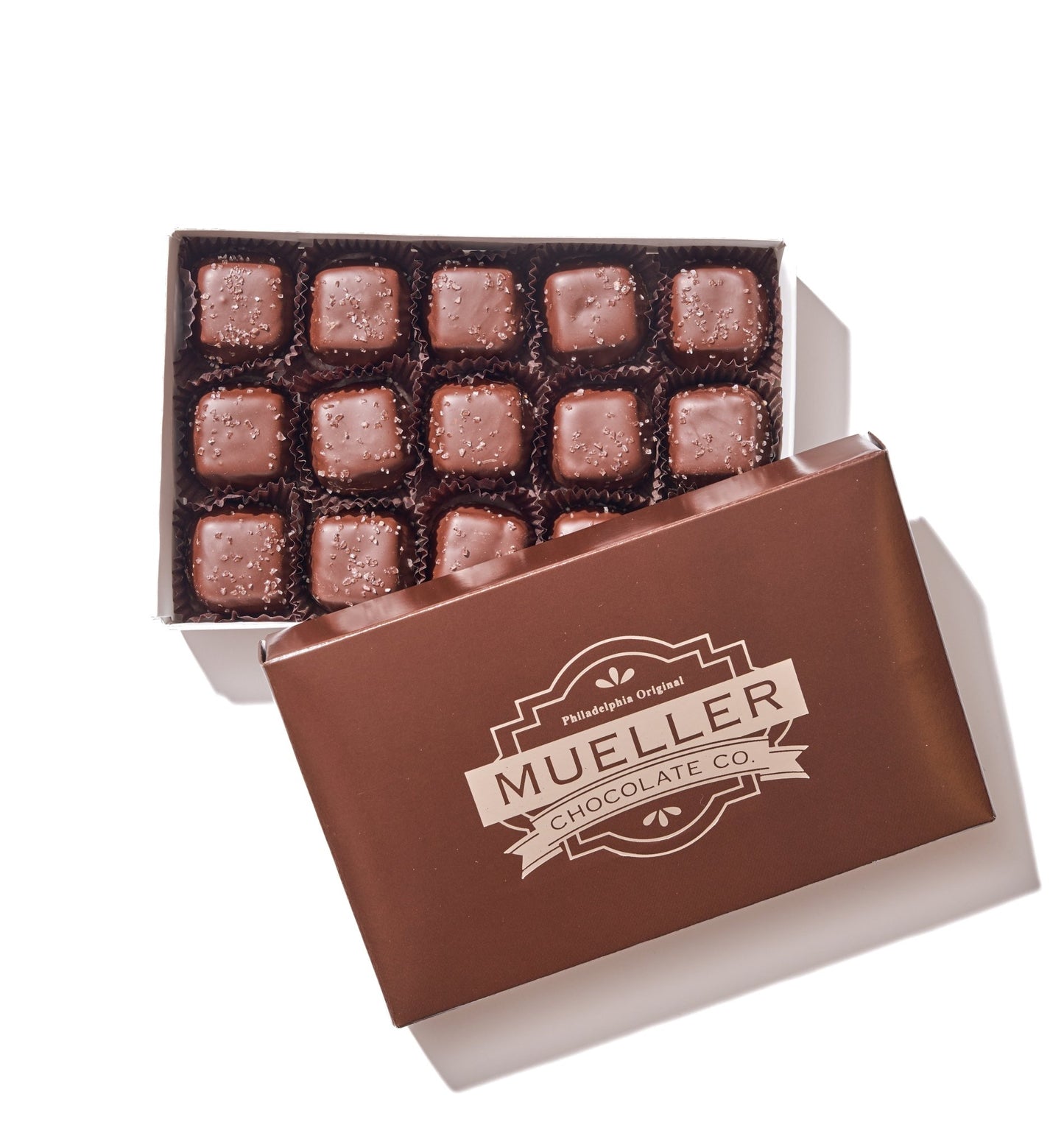 Sugar Free Dark Chocolate Sea Salt Caramels – 15 Piece Gift Box - Handmade | Mueller Chocolate Co.