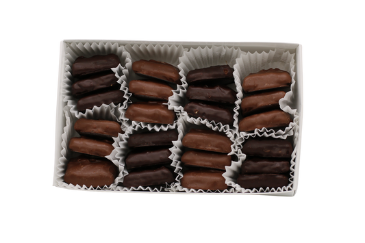 An assortment of milk and dark chocolate-covered English toffee in a 24-piece gift box