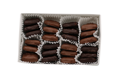 An assortment of milk and dark chocolate-covered English toffee in a 24-piece gift box