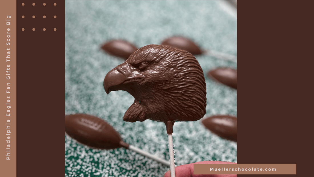 Handmade Philadelphia Eagles chocolate pop shaped like an eagle head, perfect fan gift for game day or holidays.