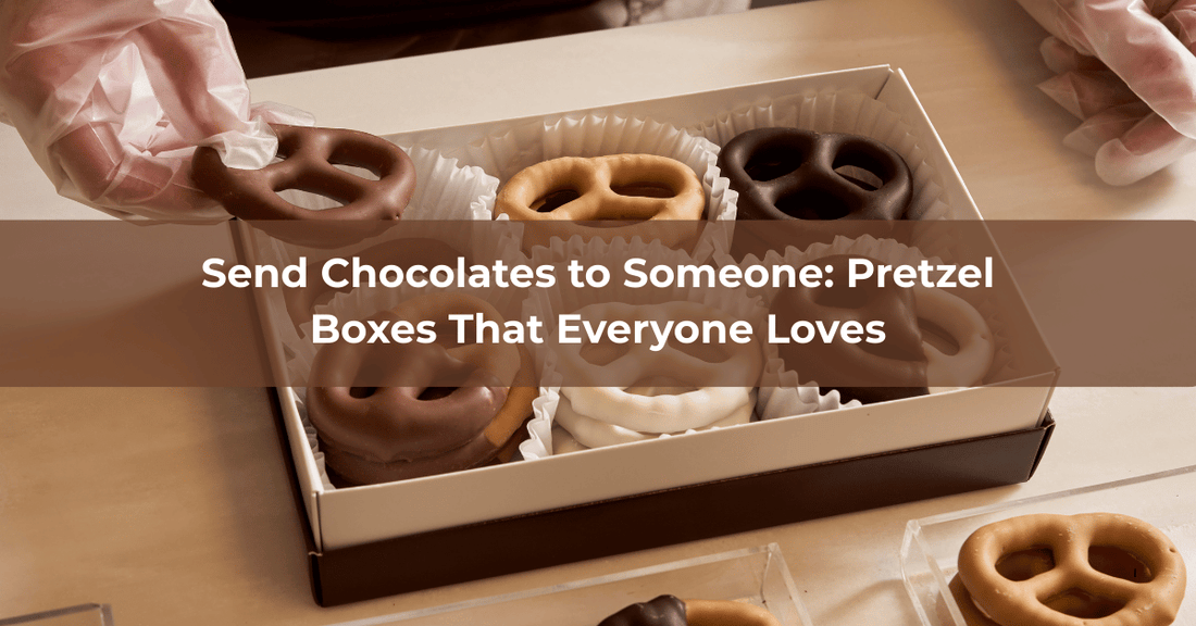Box of handmade chocolate covered pretzels being packed for delivery – send chocolates to someone nationwide