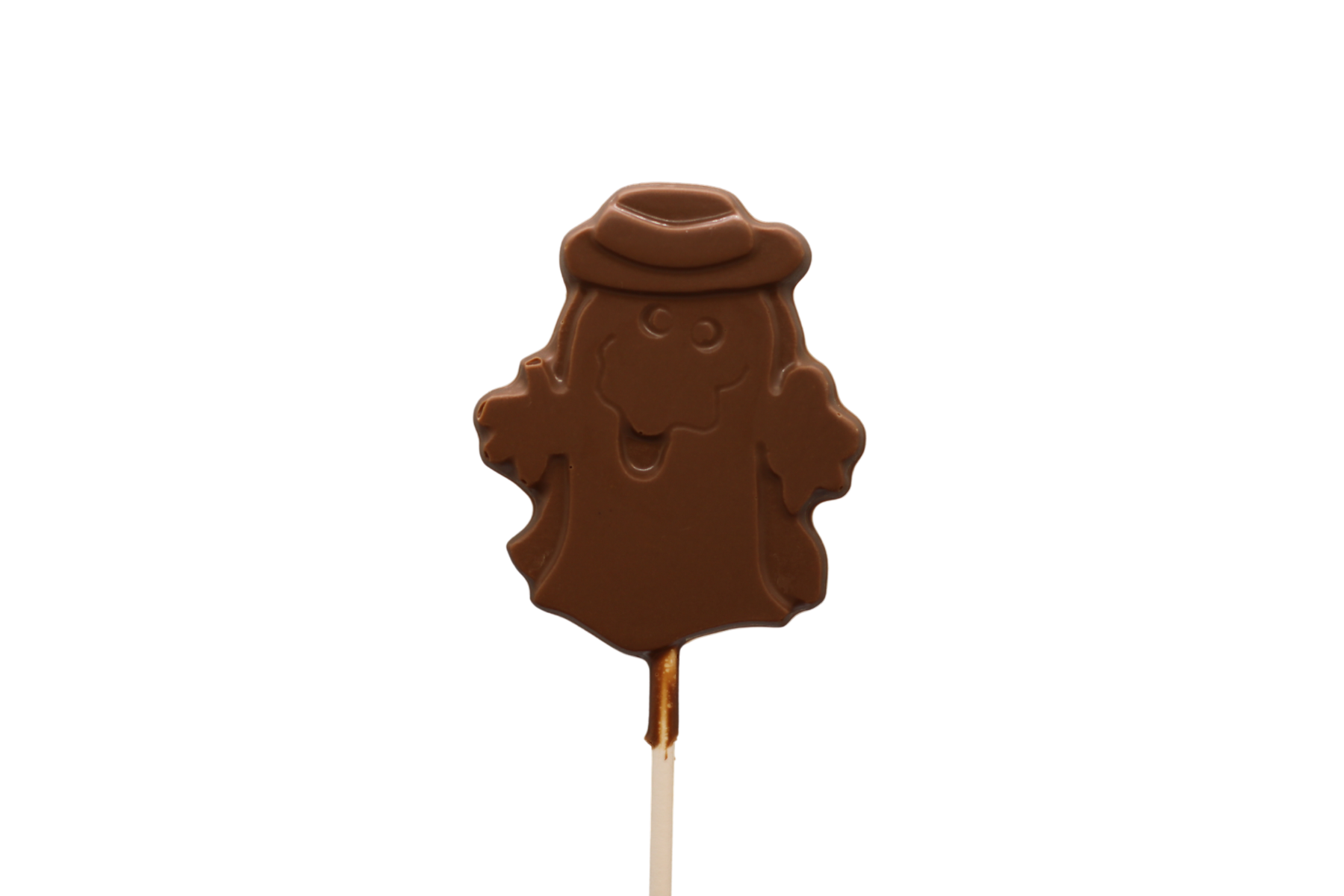Ghost-shaped chocolate lollipop with Halloween motif