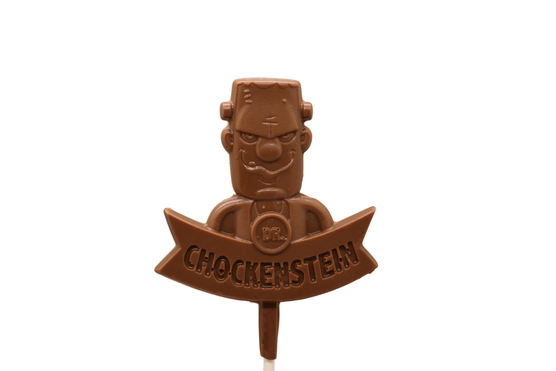Dr. Chockenstein Milk Chocolate Pop - Creamy Halloween delight with a unique Frankenstein design and individual packaging.
