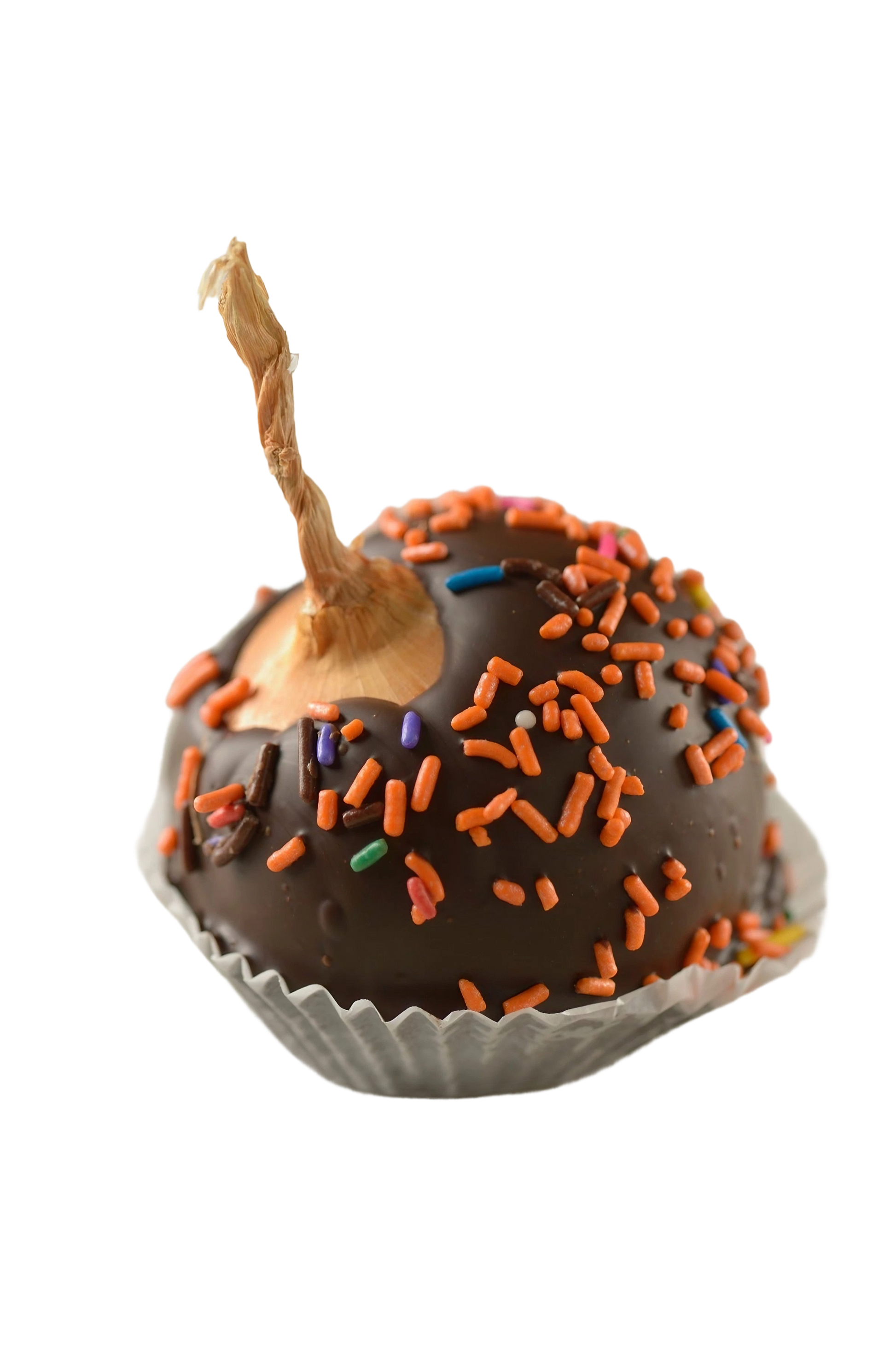 A close-up of a chocolate covered onion with decorative toppings