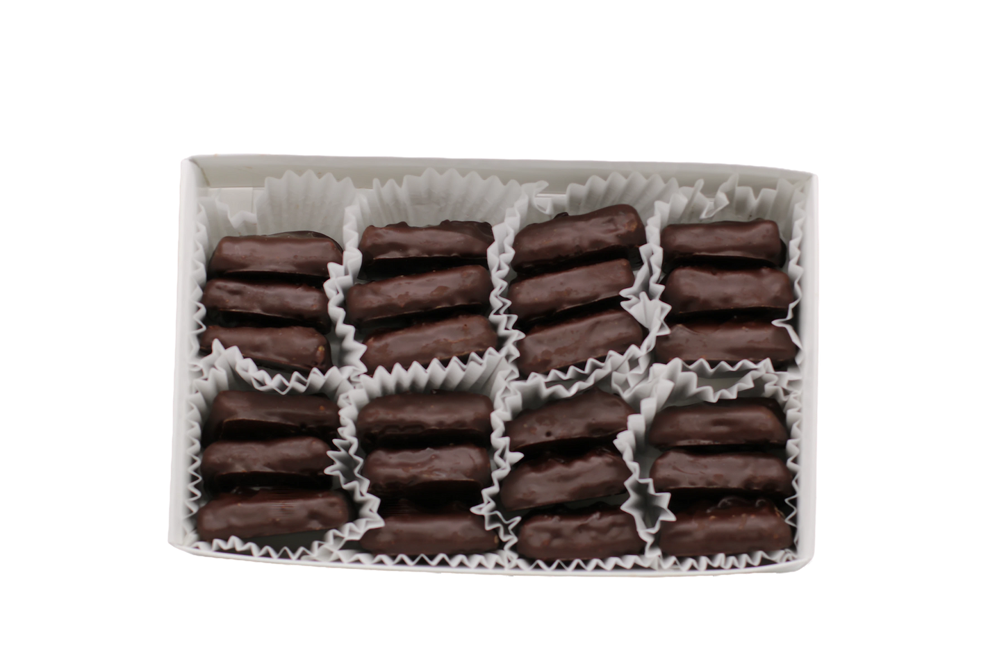 Close-up view of dark chocolate covered English toffee pieces in a 24-piece box