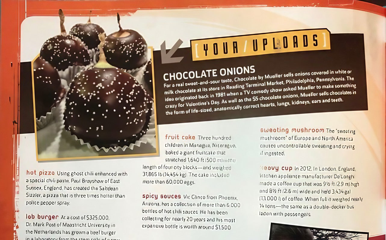 A chocolate covered onion on display with a descriptive article in  Ripleys Believe it Or not Annual Book