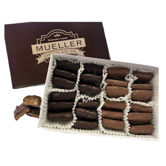 A 24-piece box of dark chocolate covered English toffee