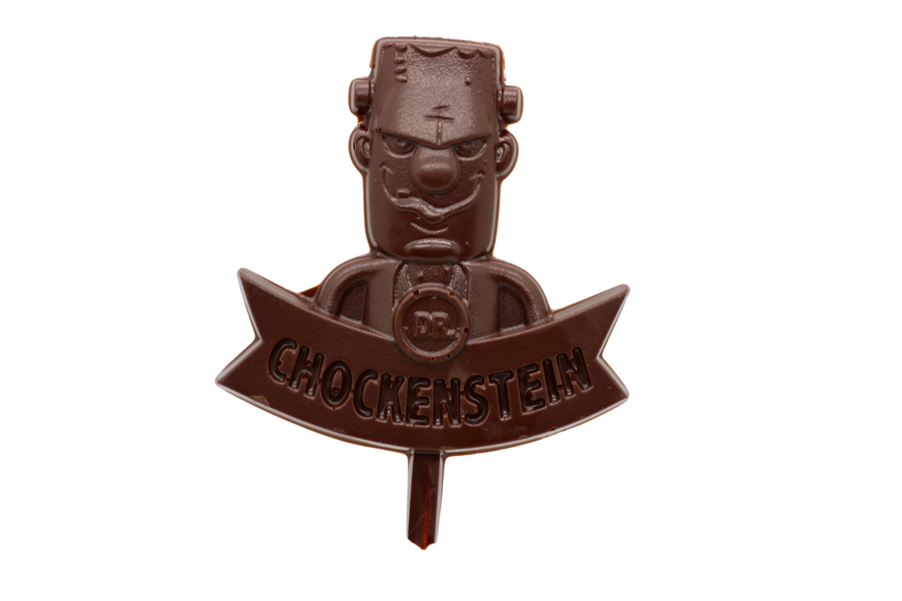 Dr. Chockenstein Dark Chocolate Pop - Rich Halloween treat featuring a unique Frankenstein design and individual packaging.