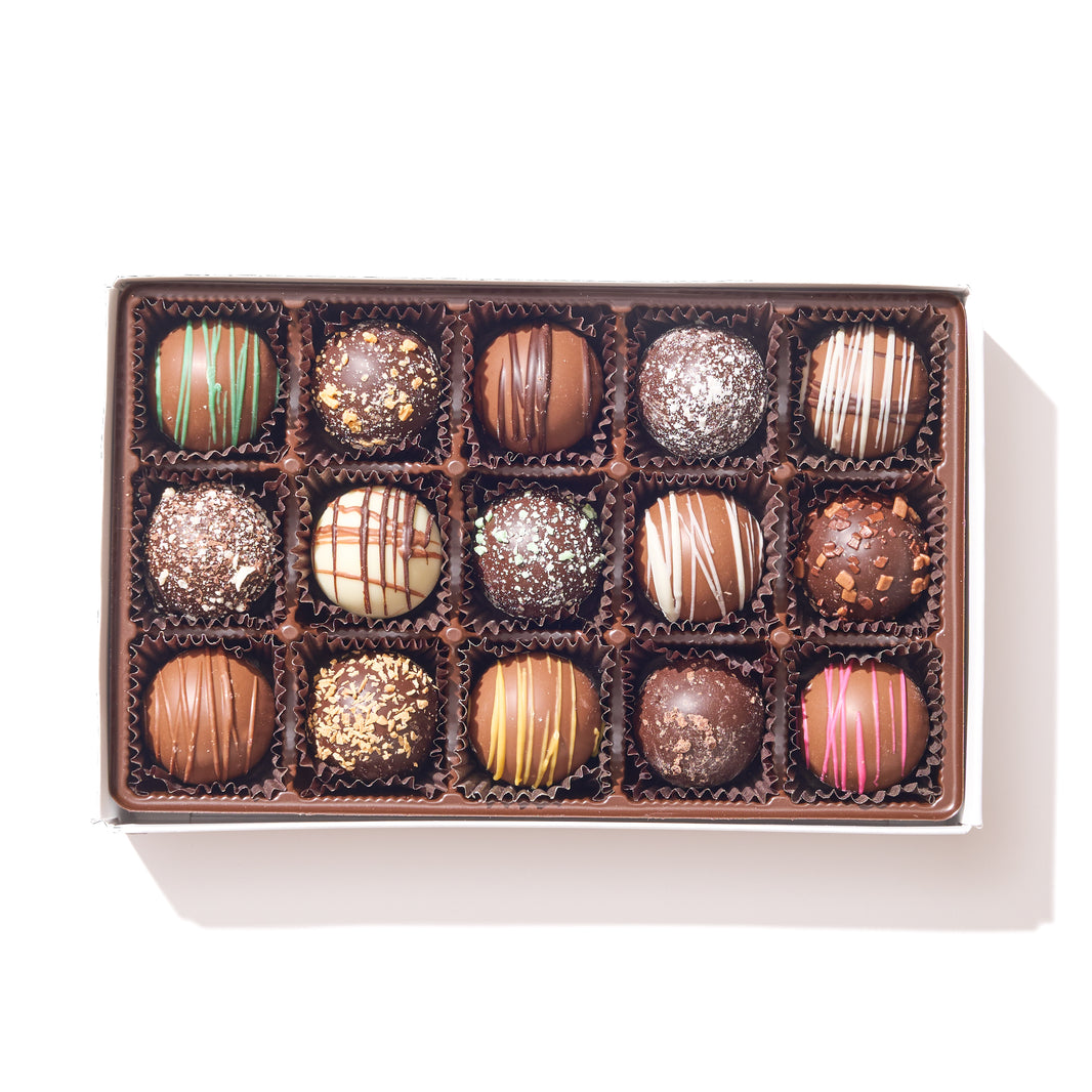 Assorted Truffle Gift Box – 15 assorted chocolate truffles in elegant packaging, perfect gift for any occasion.