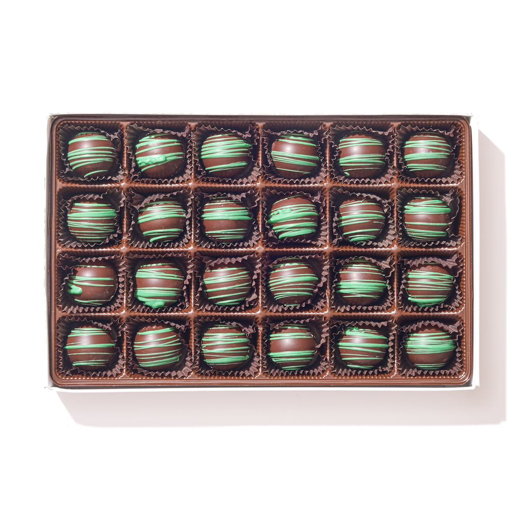 Dark Chocolate Irish Cream Truffle Gift Box – 24 truffles infused with Irish cream ganache in elegant dark chocolate packaging.
