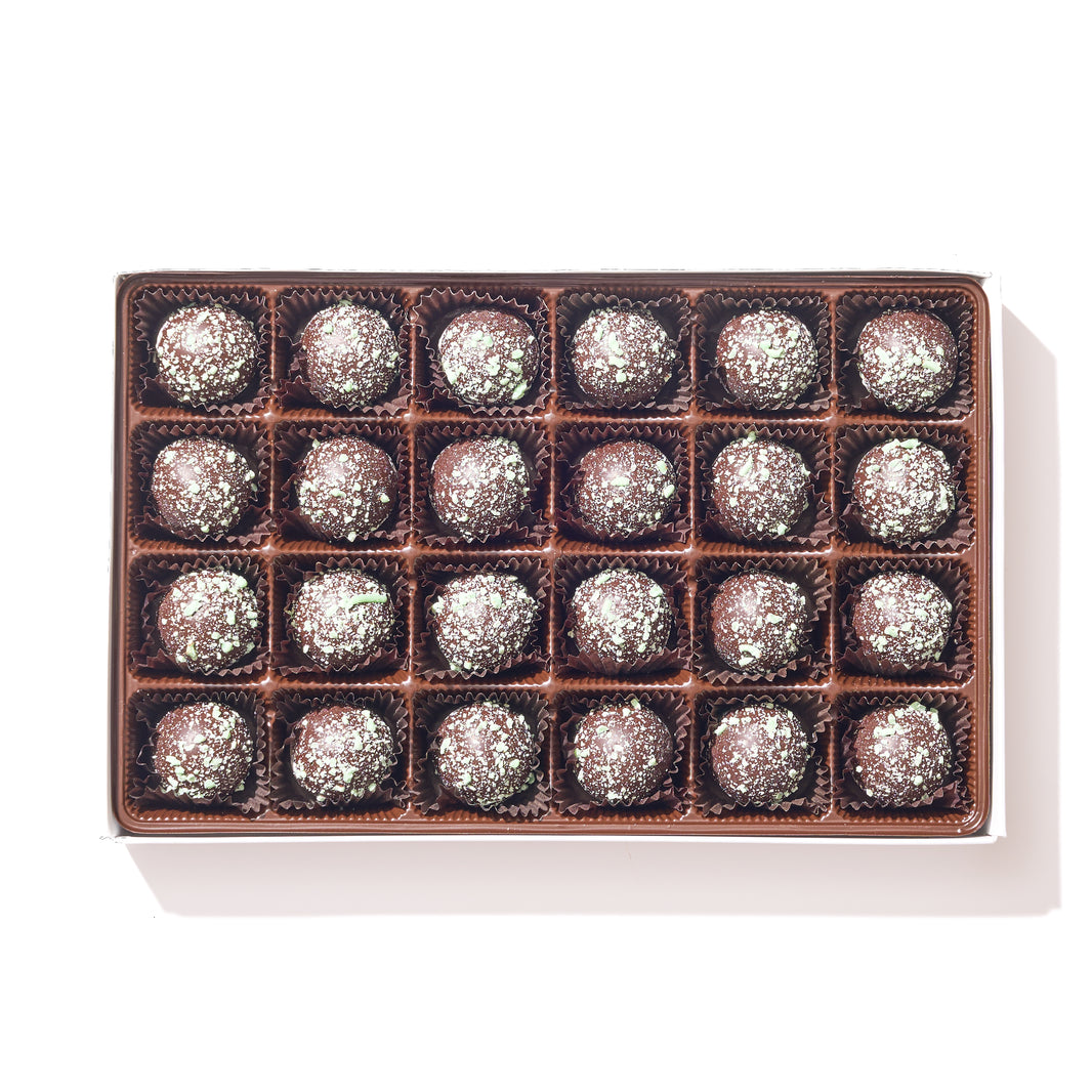 Dark Chocolate Mint Truffle Gift Box – 24 mint-infused dark chocolate truffles in elegant packaging, ideal chocolate gift.