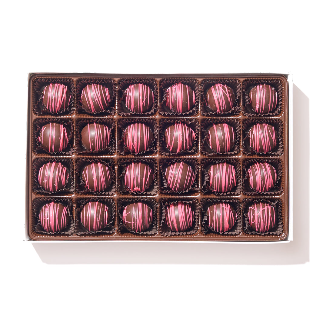 Dark Chocolate Raspberry Truffle Gift Box – 24 decadent raspberry-infused truffles in elegant packaging, perfect for gifting.