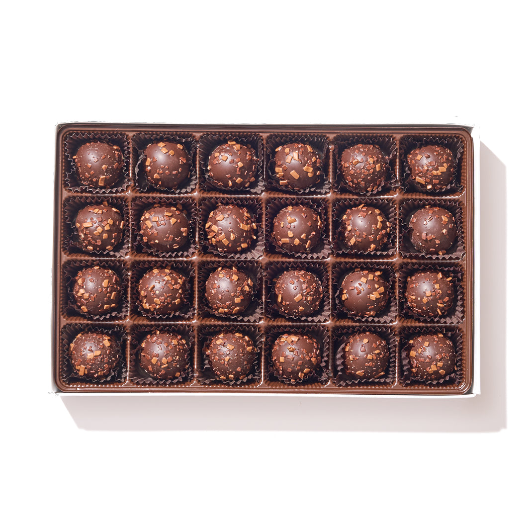 Dark Chocolate Tiramisu Truffle Gift Box – 24 espresso and mocha-flavored truffles in elegant dark chocolate packaging.
