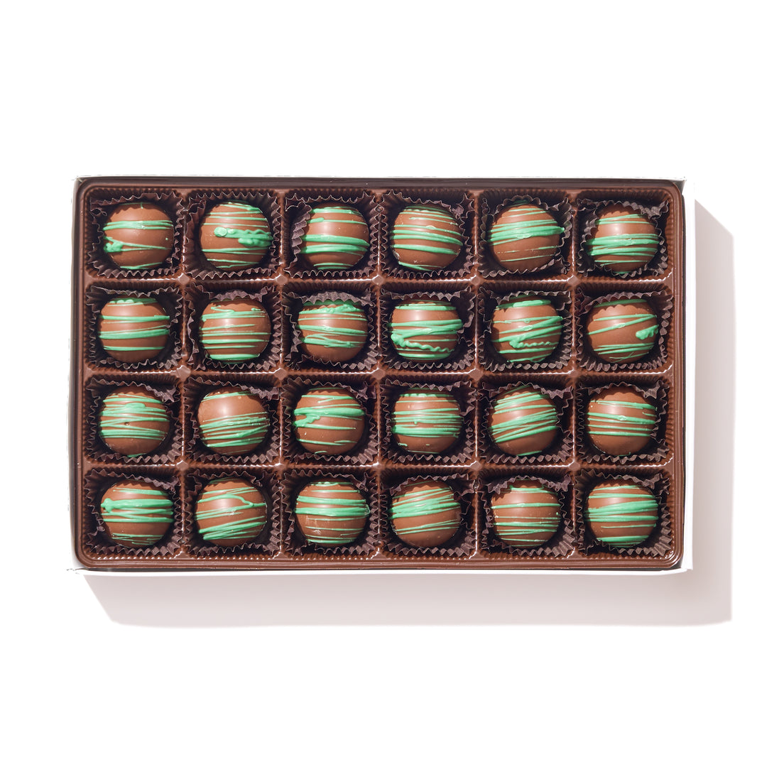 Milk Chocolate Irish Cream Truffle Gift Box – 24 Irish cream-infused milk chocolate truffles in elegant gift packaging.