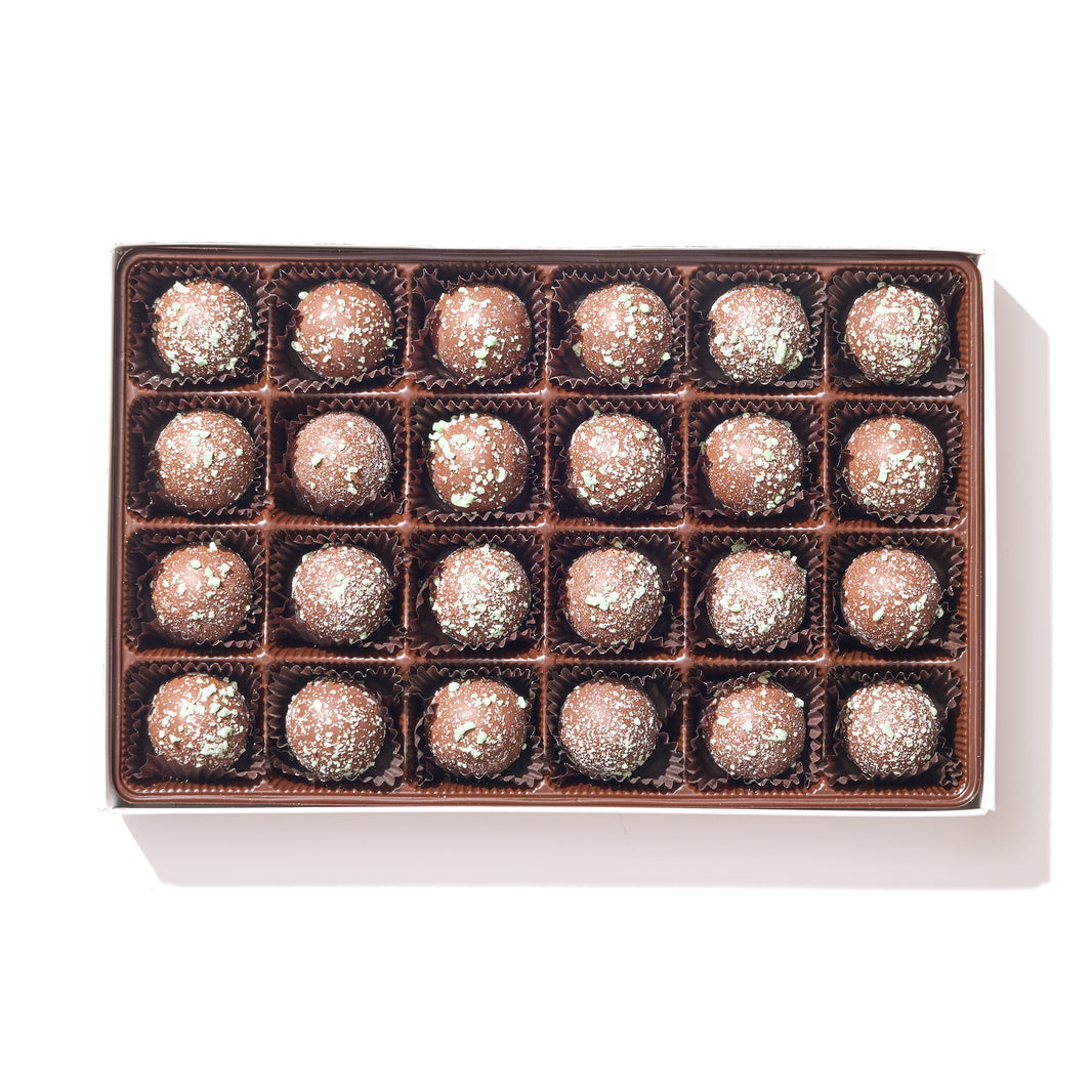Milk Chocolate Mint Truffle Gift Box – 24 creamy milk chocolate truffles with refreshing mint, elegant gift packaging.