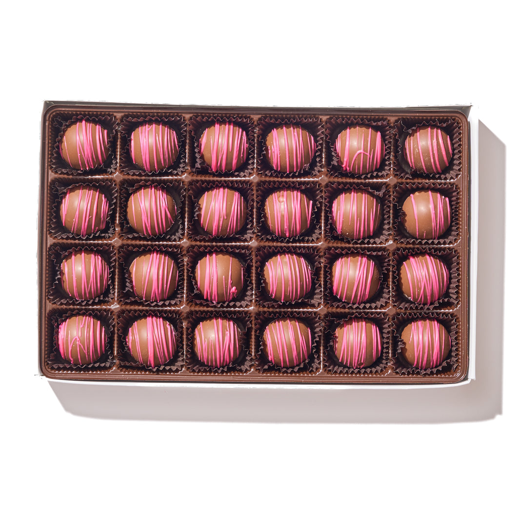 Milk Chocolate Raspberry Truffle Gift Box – 24 raspberry-infused truffles in elegant packaging, a perfect chocolate gift.