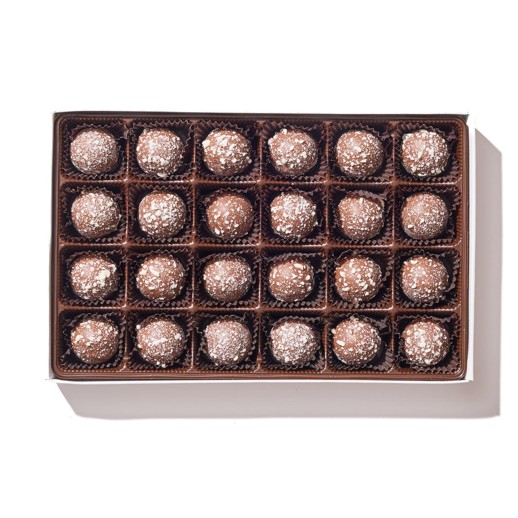 Milk Chocolate Rum Truffle Gift Box – 24 rum-infused milk chocolate truffles in elegant packaging, ideal for gifting.
