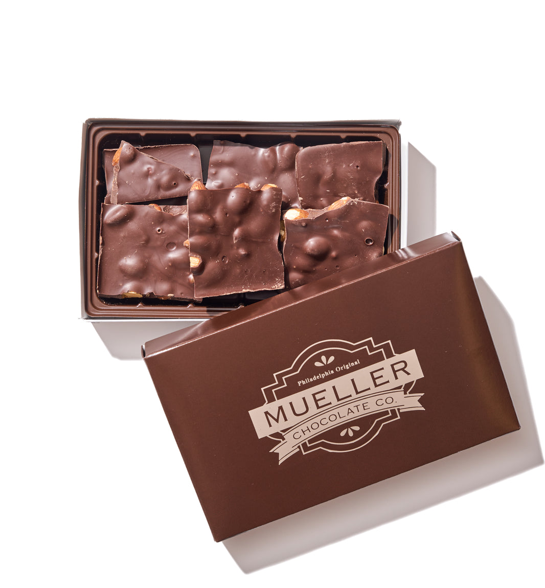 Sugar Free Dark Chocolate Almond Bark – ½ lb gift box with roasted almonds in rich sugar free dark chocolate.