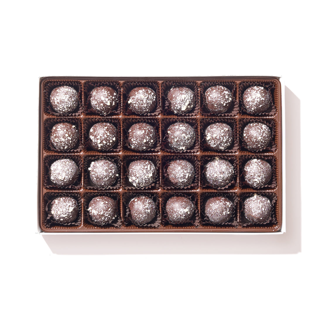 Dark Chocolate Rum Truffle Gift Box – 24 rum-infused dark chocolate truffles in elegant packaging, perfect chocolate gift.