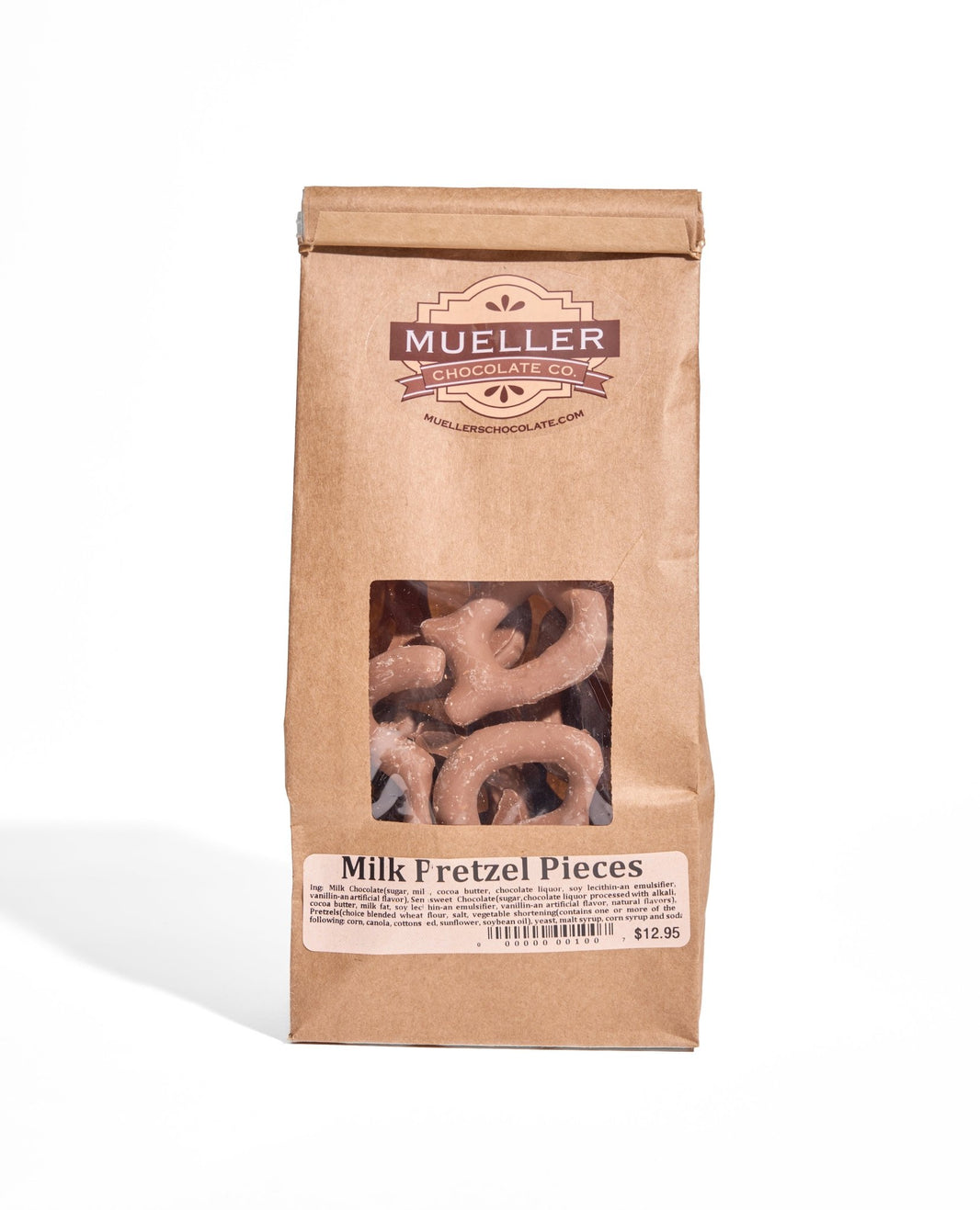Bag of chocolate covered pretzel pieces from Mueller Chocolate Co., handmade in Philadelphia.