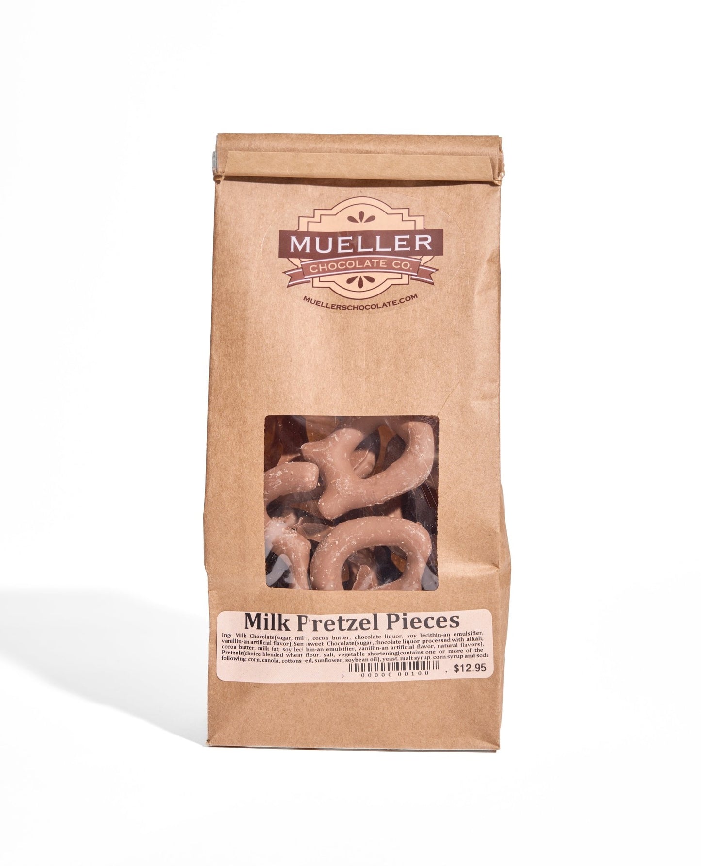 Bag of chocolate covered pretzel pieces from Mueller Chocolate Co., handmade in Philadelphia.