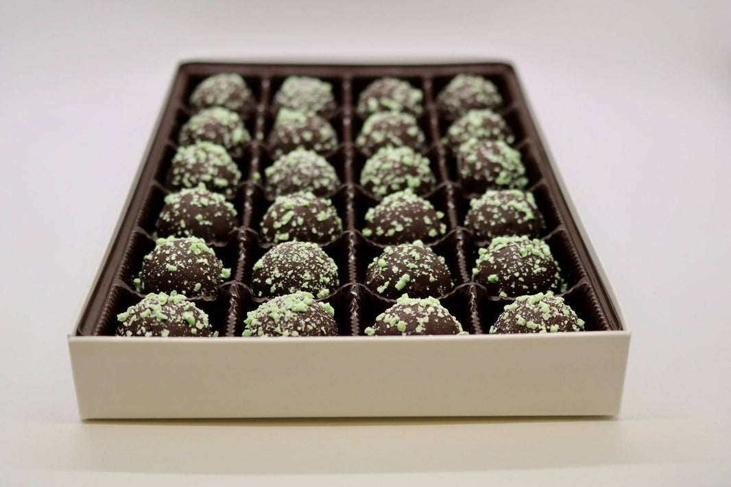 Dark Chocolate Mint Truffles with mint-infused ganache, covered in dark chocolate.