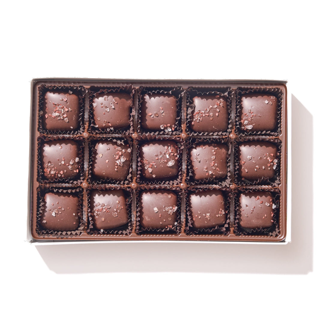 Dark Chocolate Sea Salt Caramels 15 Piece Box - Handmade Gift Box | Mueller Chocolate Co.