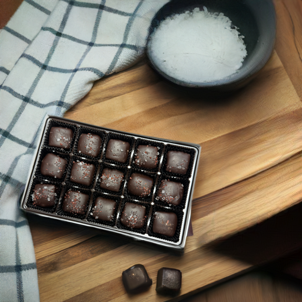 Dark chocolate caramels with sea salt: Indulge in the perfect blend of rich chocolate and savory salt.