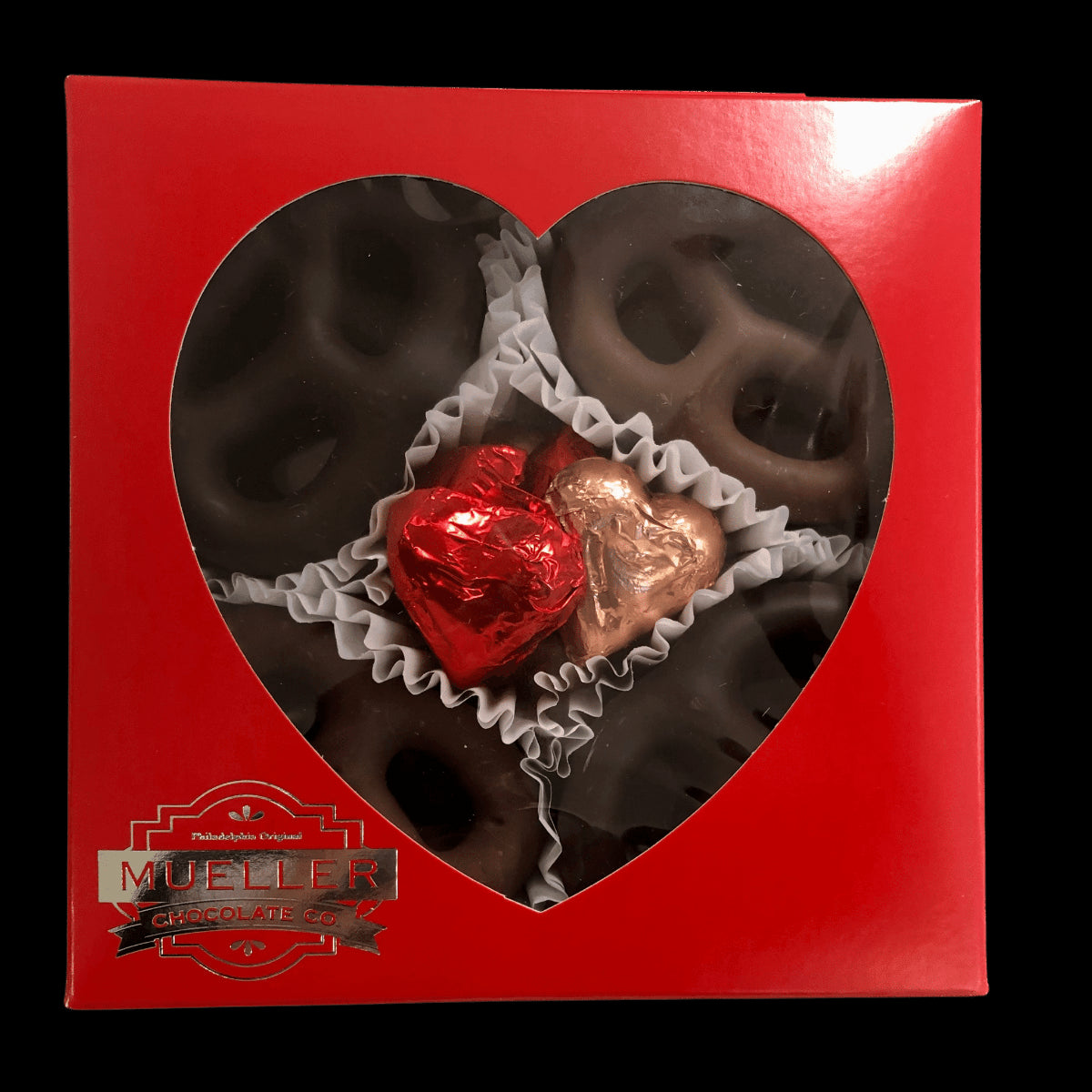 Milk & Dark Chocolate Pretzel Heart Window Box - Handmade Gift Box | Mueller Chocolate Co.