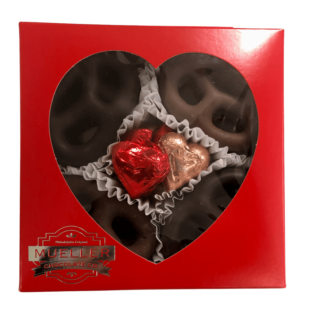 Milk & Dark Chocolate Pretzel Heart Window Box - Handmade Gift Box | Mueller Chocolate Co.