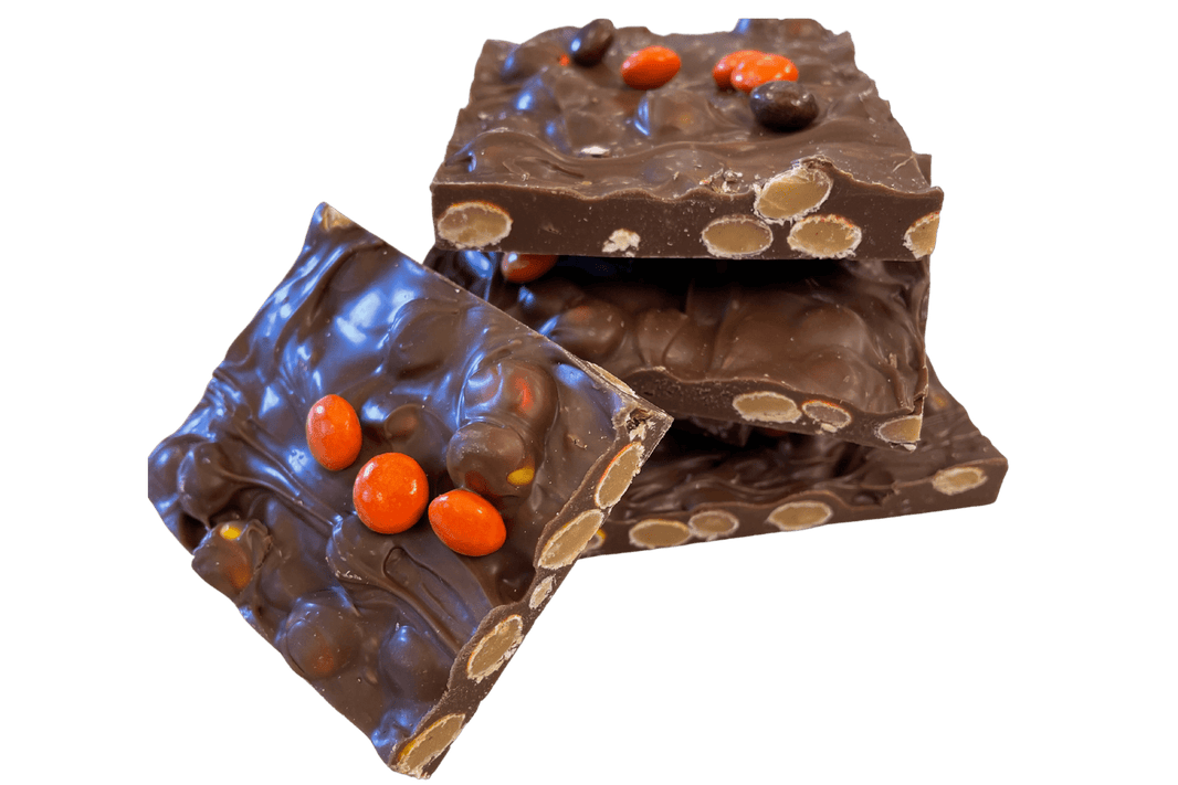Milk chocolate bark blended with Reese’s Pieces candy