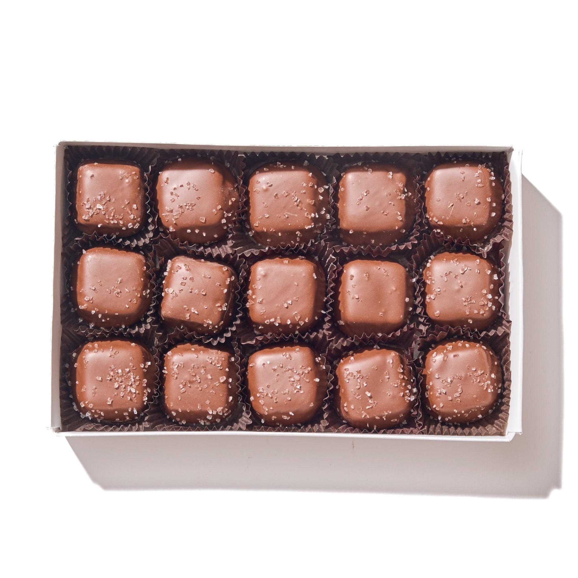 Sugar Free Milk Chocolate Sea Salt Caramels – 15 Piece Gift Box - Handmade | Mueller Chocolate Co.